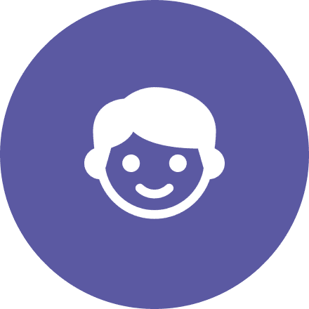 Icon of a smiling child's face in white on a purple circular background.