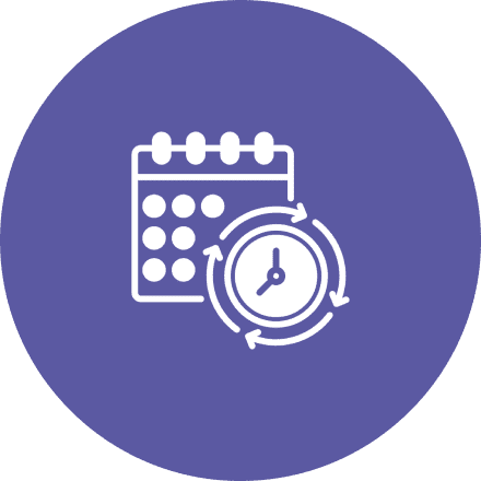 Calendar icon with a clock and circular arrows on a purple background.